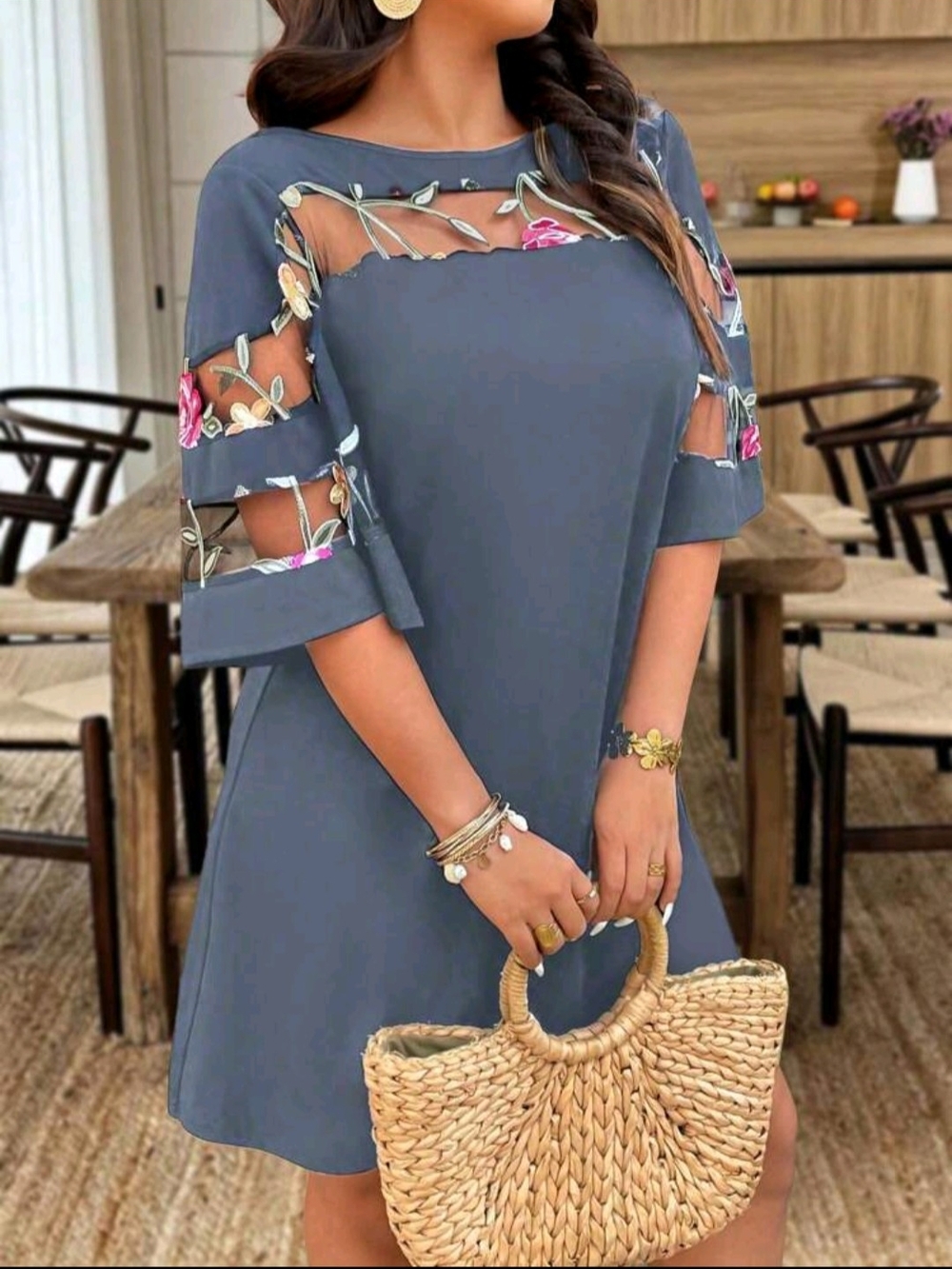SHEIN Slate Blue Midi Dress with Floral Mesh Insets
